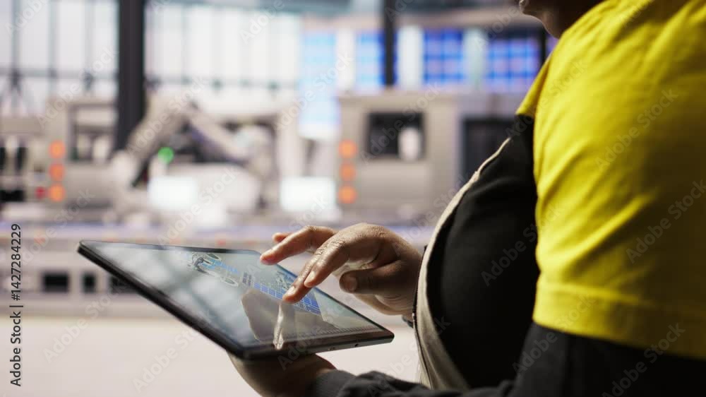 Poster close up of engineer in industry 4.0 plant designing robotic production lines using cad application 