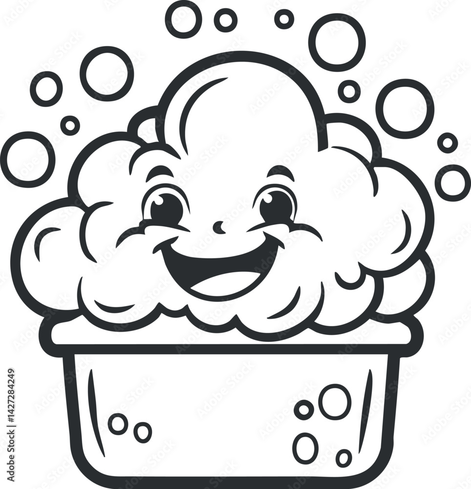 Poster a cheerful cartoon character resembling soap bubbles in a container with a happy face.