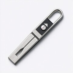 Macro Shot of a Silver and Black Metal Zipper Pull on White Background