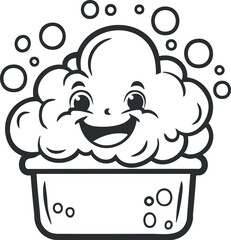 A cheerful cartoon character resembling soap bubbles in a container with a happy face.