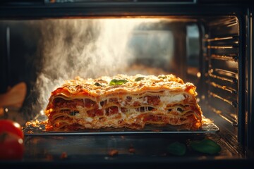 A delicious, cheesy lasagna baking in the oven, with steam rising and a golden crust, ready to serve.