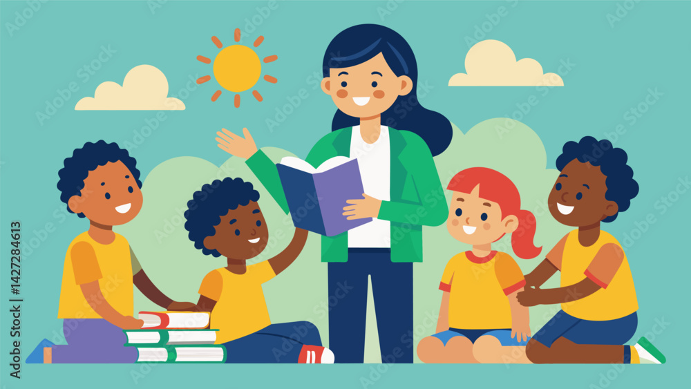 Poster a person donating their time and skills to help teach underprivileged children.. vector illustration