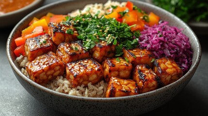Fototapeta premium Delicious Tempeh Bowl with Rice, Roasted Peppers, and Red Cabbage