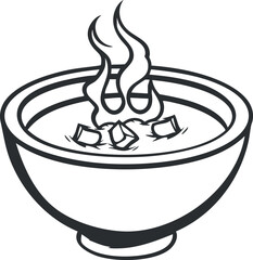 A steaming bowl of soup with hot steam rising and cubes of ingredients visible.