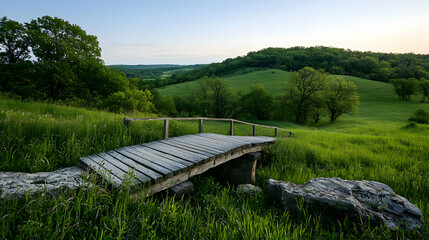 Fototapeta premium Old Bridge Over Green Hills Landscape