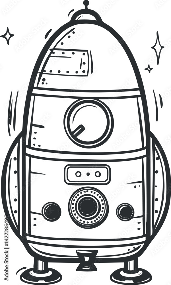 Poster a playful illustration of a rocket ready for launch into outer space.