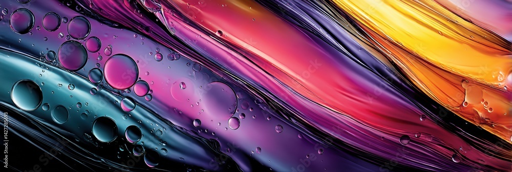 Poster colorful oil slick texture creates an eye-catching backdrop for product display in a modern setting