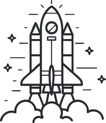 A simple line art illustration of a rocket launching into space with stars and clouds.