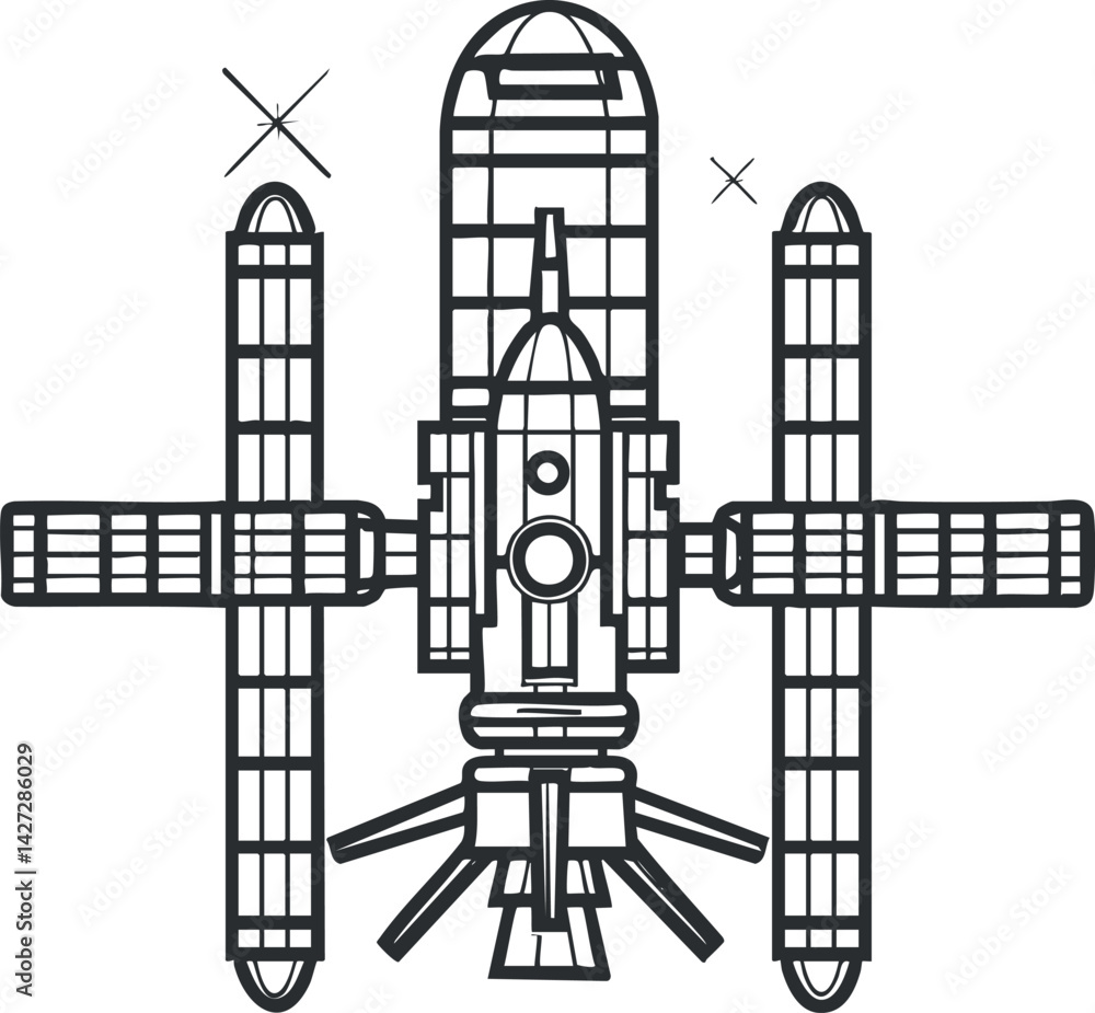 Poster illustration of a futuristic space station with modular design and advanced technology features