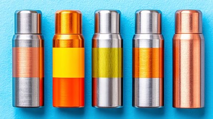 Metallic Cylinders with Color Coded Labels on Blue Background