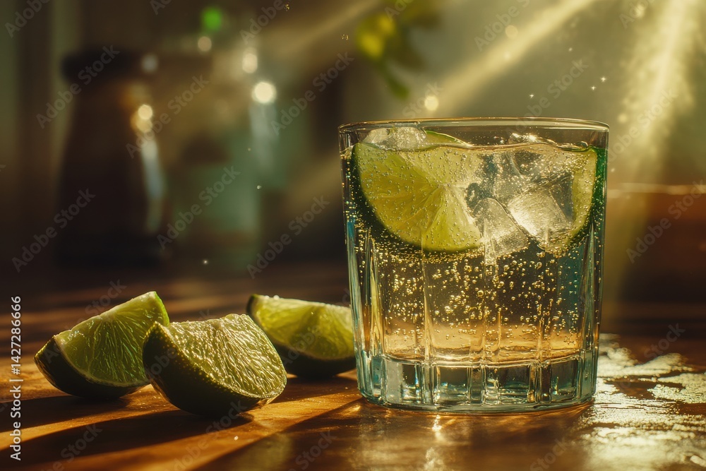 Aufkleber refreshing beverage with lime slices in sunlight, creating a vibrant and sparkling atmosphere.
