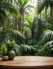 Obraz premium realistic table background. Interior table for a cosmetic item against the blurred and out of focus backdrop of jungle. 
