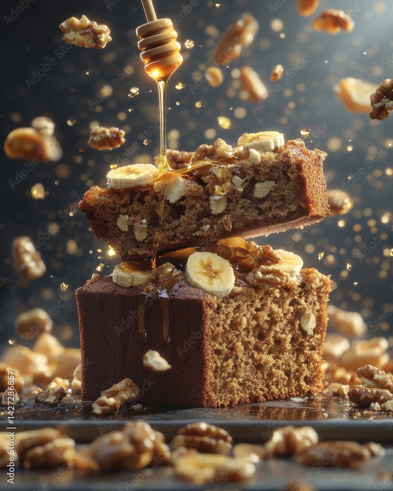 Poster close-up shot of banana bread topped with walnuts, drizzled with honey, creating a delicious and inv