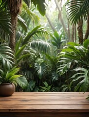 Fototapeta premium realistic table background. Interior table for a cosmetic item against the blurred and out of focus backdrop of jungle. 