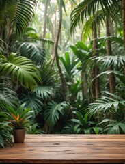 Obraz premium realistic table background. Interior table for a cosmetic item against the blurred and out of focus backdrop of jungle. 