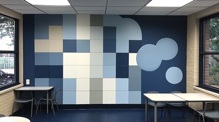 Mural highlighting corporate culture transforms meeting room wall Abstract symbol of growth community resilience painted collage style creating environment emphasizes shared value strong company ethos