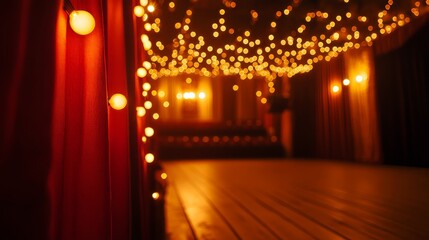 A red curtain with lights hanging from it. The lights are on in the background and the curtain is open