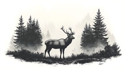Majestic Elk Standing Tall Amidst A Foggy Forest Photo Landscape Scene