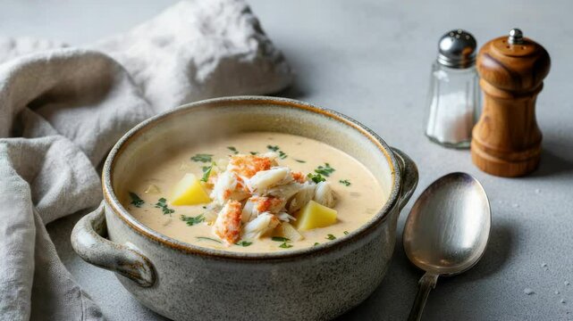Creamy seafood chowder with crab and potatoes on gray table, next to spoon, salt shaker, napkin