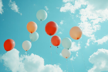 Bunch of balloons soaring against a blue sky at a festive celebration - vibrant colors stand out in the bright sunlight, creating a cheerful mood.