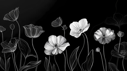 Abstract floral background; cyber matrix minimalist line art of various plants and flowers in monochrome; sharp wallpaper. Matrix Blossom. Illustration