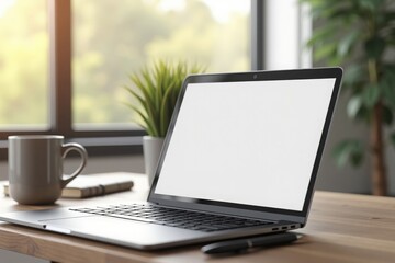 Fototapeta premium mockup of a sleek modern laptop displaying a customizable screen, placed on a minimalist wooden desk, surrounded by a coffee mug, notebook, and a potted plant