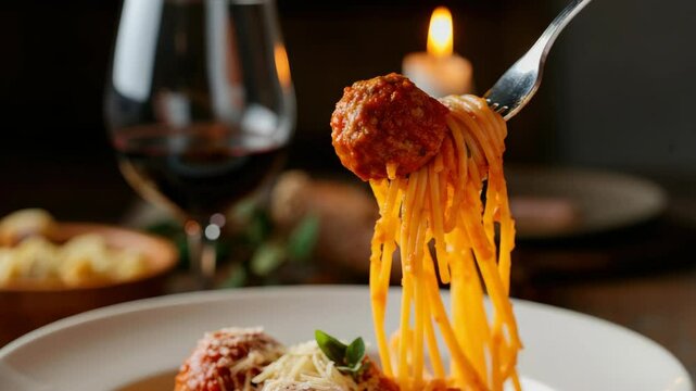 Delicious spaghetti with meatballs in tomato sauce, candle-lit setting