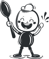 A cheerful cartoon chef character happily holding a cooking spoon in a playful kitchen setting.