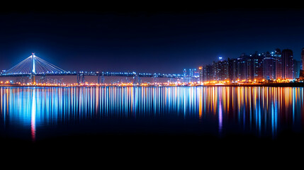 Vibrant Cityscape At Night With Illuminated Bridge And Reflections
