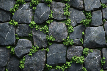 Green plants thrive on rugged rocks in a vibrant display of nature's resilience.