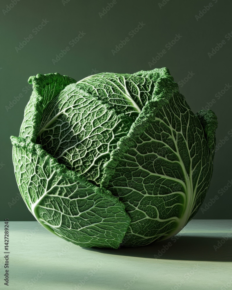Poster a crisp green cabbage showcasing its intricate leaf patterns and textures against a soft green backg