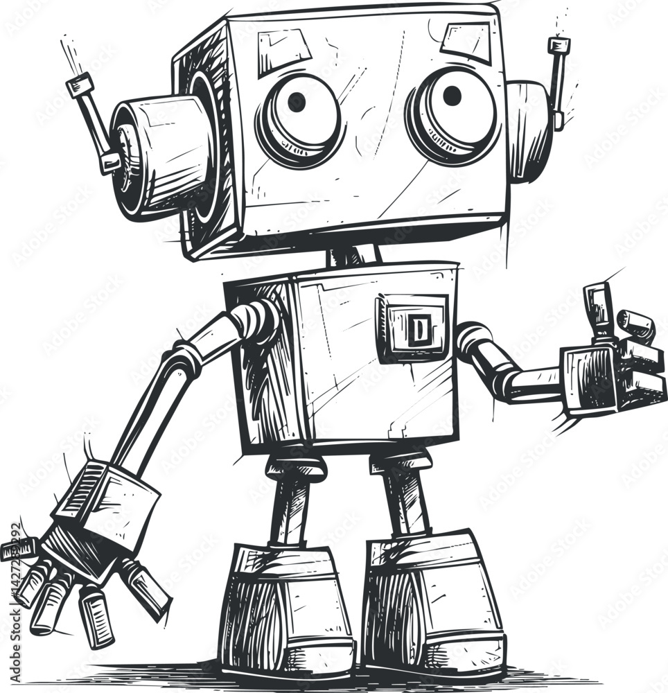 Poster a playful cartoon robot character with a friendly expression and mechanical features.