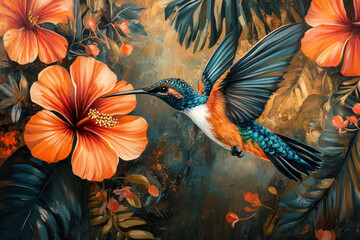 Vibrant painting of a hummingbird in mid-flight among colorful flowers, capturing the energy of nature in a dynamic and eye-catching composition.