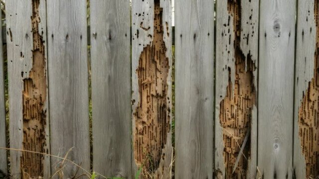 Weathered wooden fence with termite damage and deterioration
