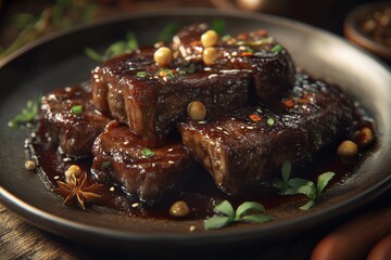 An appetizing plate of tender beef in a rich sauce, garnished with herbs and spices.