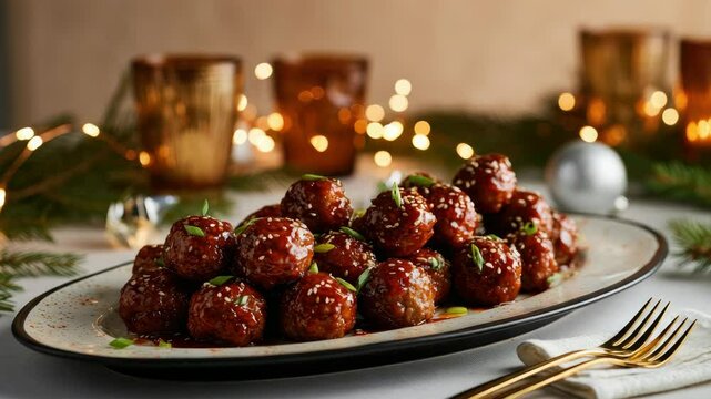 Holiday meatball platter with festive lights and decorations