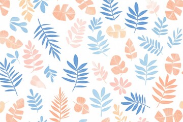 Fototapeta premium Abstract vector illustration of tropical leaves and palm fronds in pastel pink, blue, and orange tones on a light background Generative AI