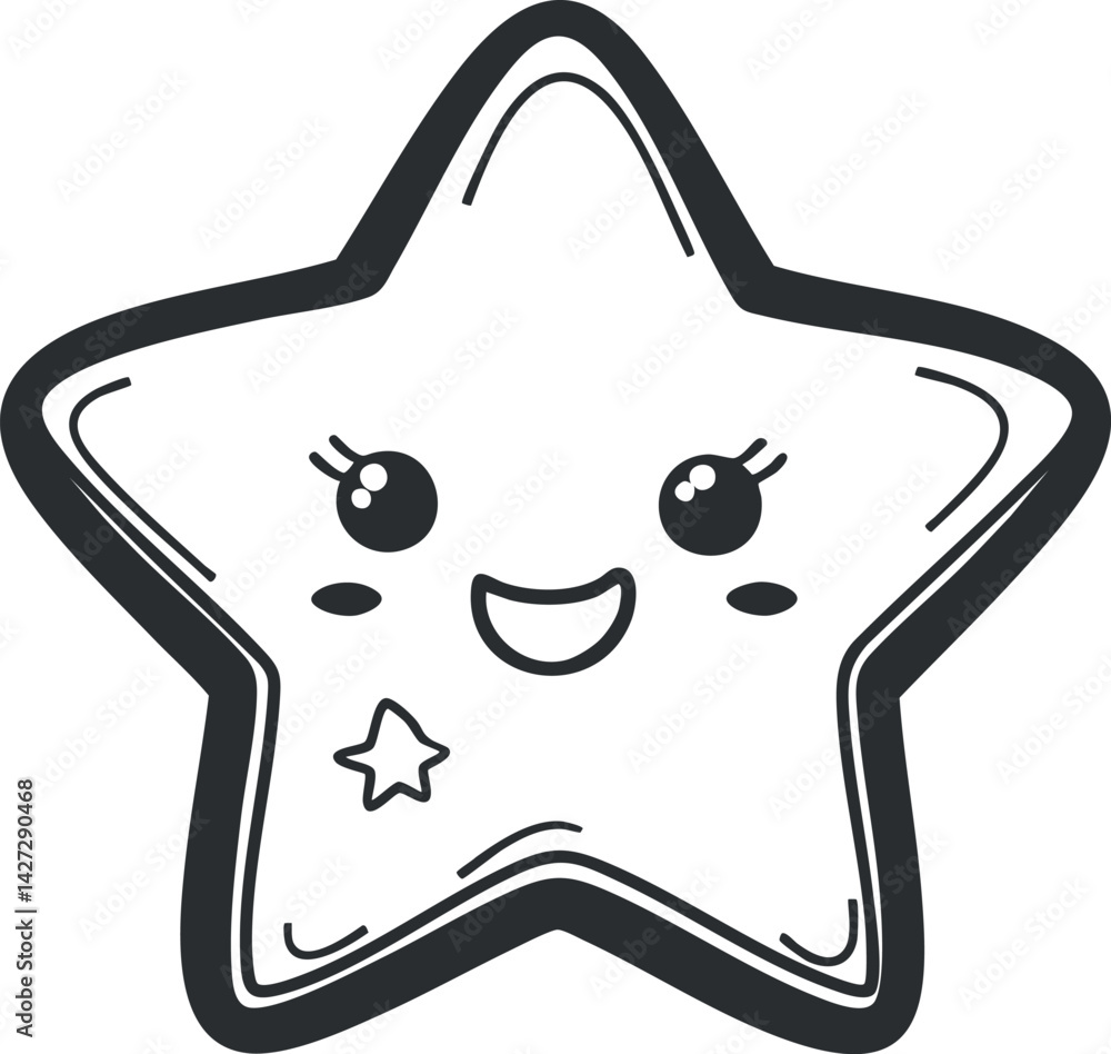 Aufkleber a cute smiling star character with big eyes and a joyful expression in simple line art.
