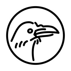 crow head on round shape outline icon. crow side view black line illustration.