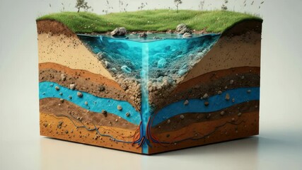 3D model of groundwater, soil layers, and cross-section aquifers showcasing water flow