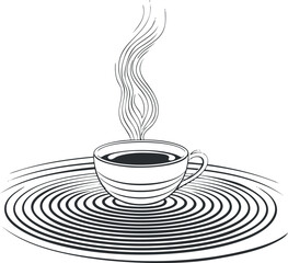 A minimalist illustration of a steaming coffee cup with circular patterns.