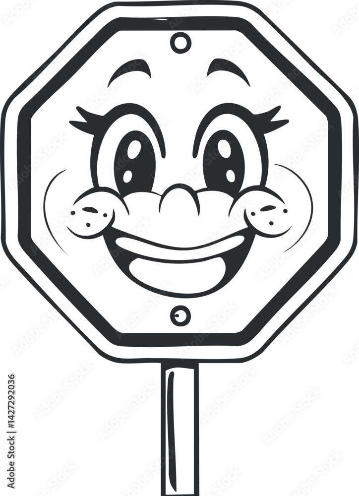 Poster a cheerful cartoon stop sign with a smiling face designed for playful and child-friendly contexts.