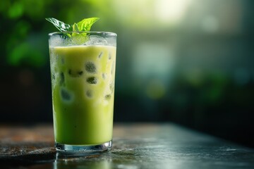 Refreshing green smoothie filled with ice and garnished with basil leaves in a bright setting.