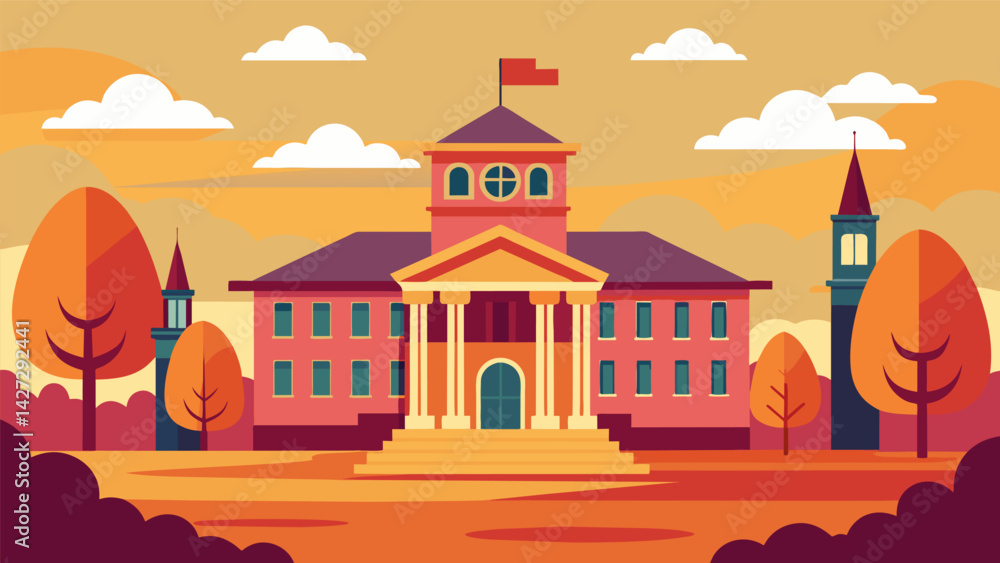 Poster a picture of a college campus with a nostalgic filter highlighting the simplicity and affordability 