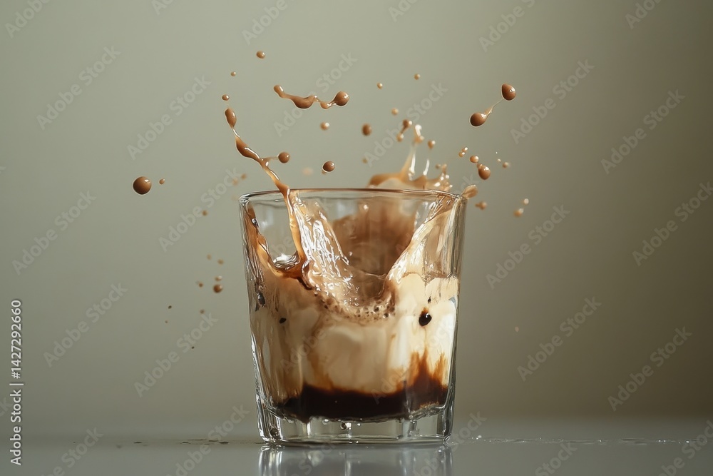 Poster close-up of creamy chocolate splash in a glass, creating a dynamic and appetizing scene.