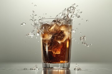 A refreshing drink splash with ice cubes in a glass against a neutral background.