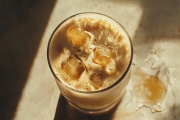 Close-up of a refreshing iced coffee drink with ice cubes, highlighting creamy texture and rich color.