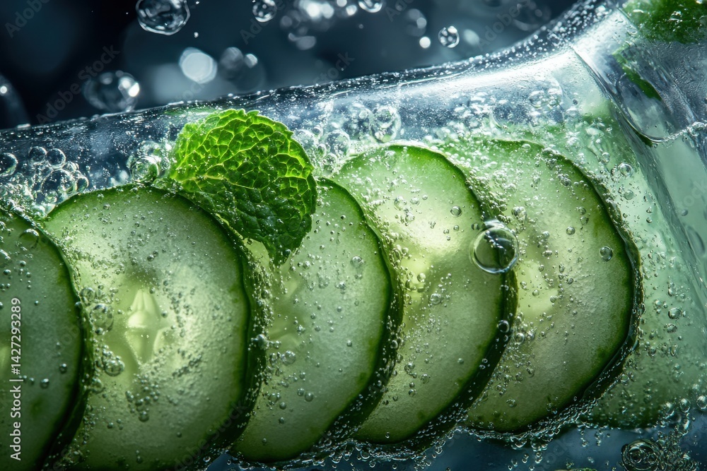 Poster refreshing cucumber and mint slices in sparkling water create a vibrant, fizzy drink sensation.
