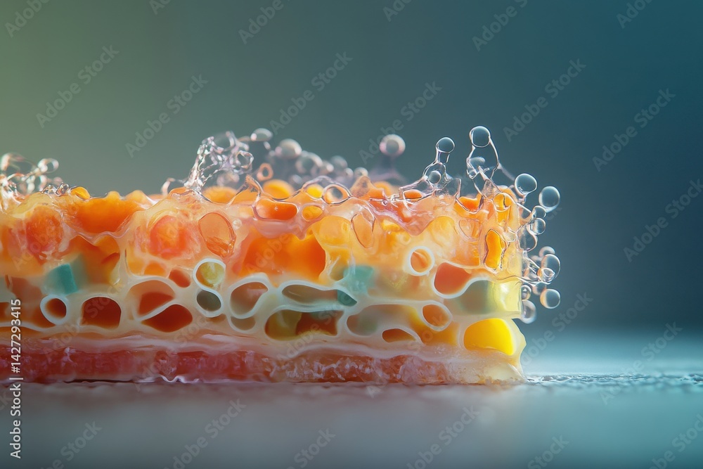 Poster close-up of colorful soap bubbles on a textured surface, creating a vibrant and playful composition.