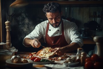 A focused male chef crafting a delicious dish in a warmly lit kitchen.